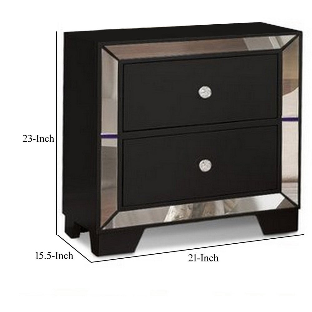 Eli 23 Inch Deluxe 2 Drawer Nightstand, Mirrored Trim, Wood Frame, Black - BM283199