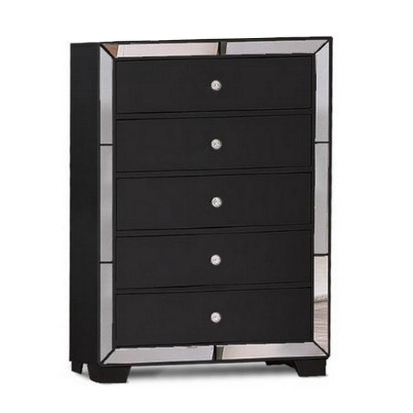 Eli 46 Inch Deluxe 5 Drawer Tall Dresser Chest, Mirrored Trim, Wood, Black - BM283201