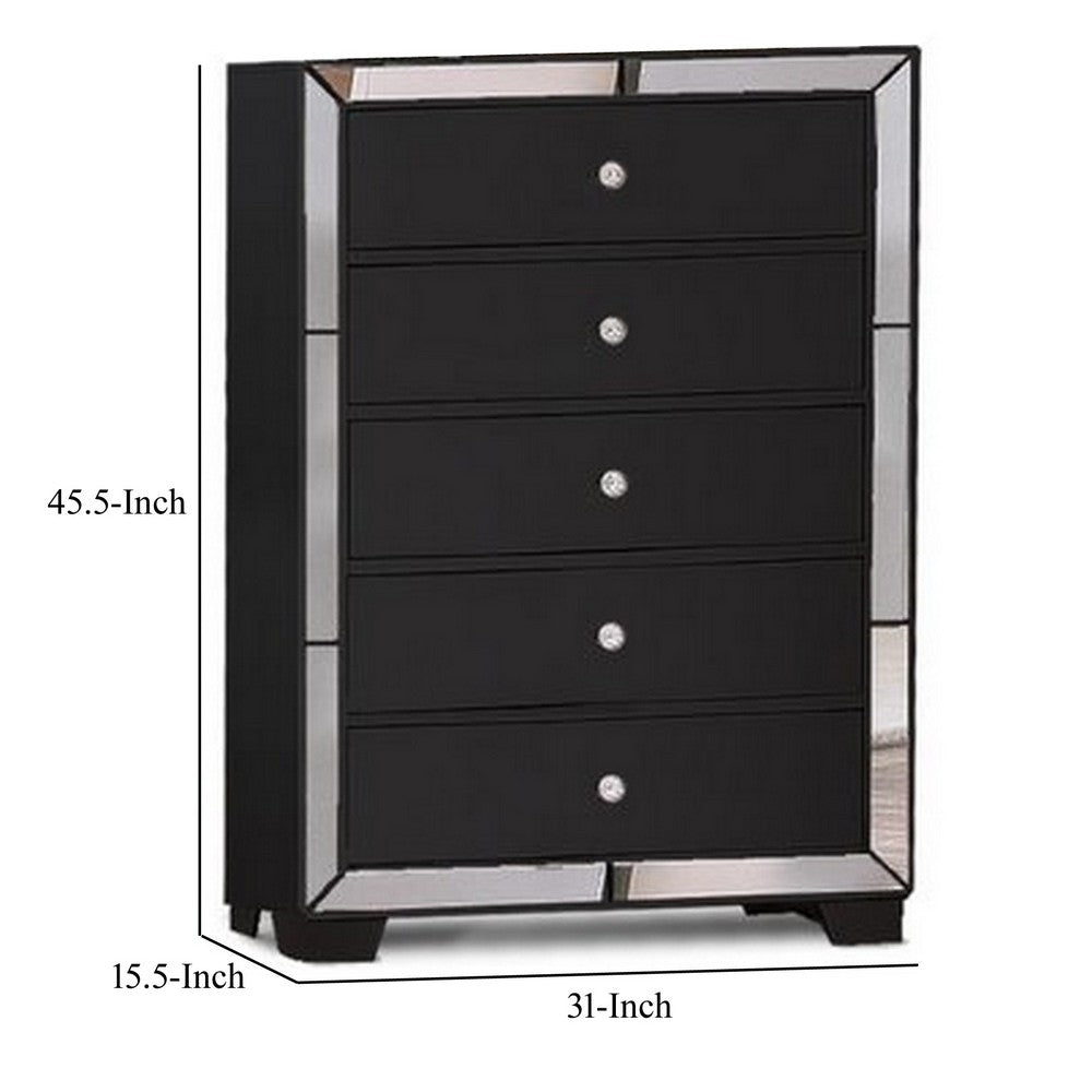 Eli 46 Inch Deluxe 5 Drawer Tall Dresser Chest, Mirrored Trim, Wood, Black - BM283201