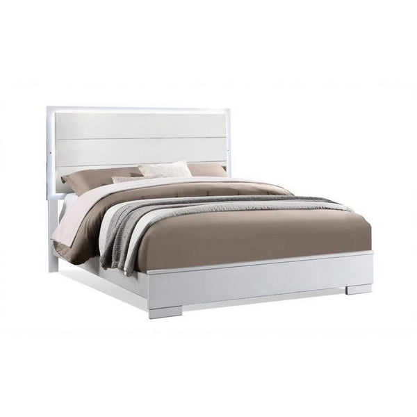 Vin Modern Queen Size Bed, Panel Headboard, LED Light, Crisp White Finish - BM283225