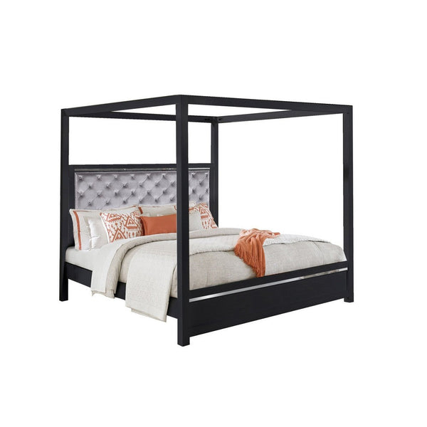 Abrie Solid Wood Canopy Queen Bed, Button Tufted, Touch LED, Dark Gray - BM283248