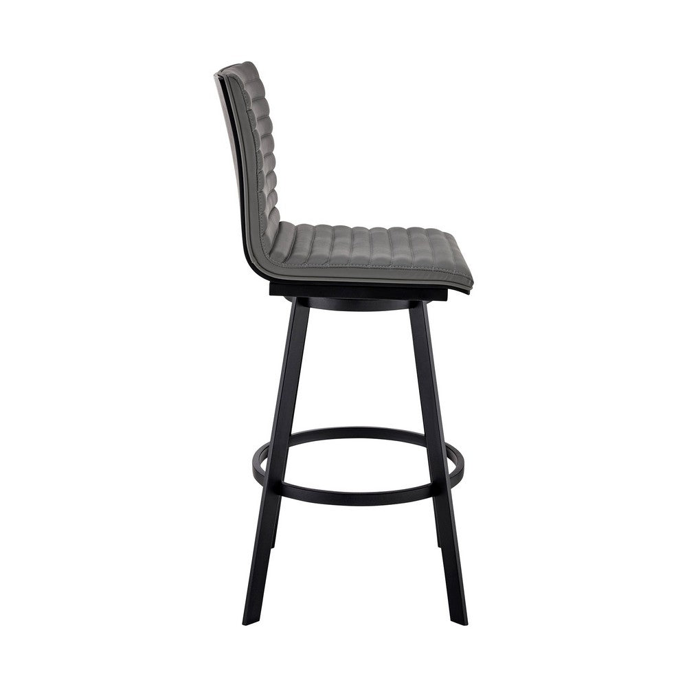 Aron 30 Inch Bar Height Swivel Stool, Vegan Faux Leather, Gray, Black - BM283258