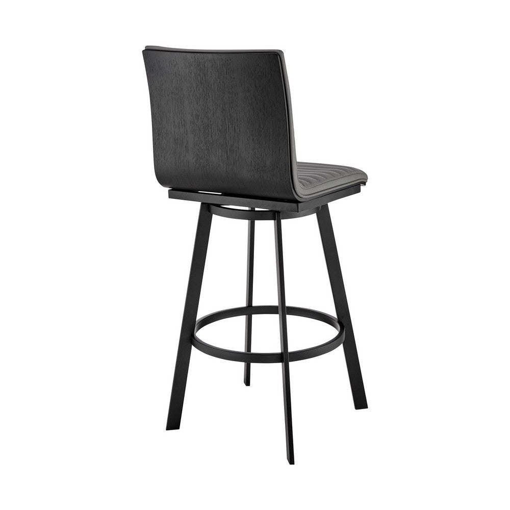 Aron 30 Inch Bar Height Swivel Stool, Vegan Faux Leather, Gray, Black - BM283258