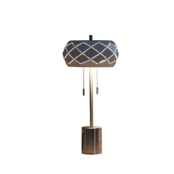 28 Inch Accent Table Lamp, Geometric Drum Shade, Metal Base, White, Silver - BM283263