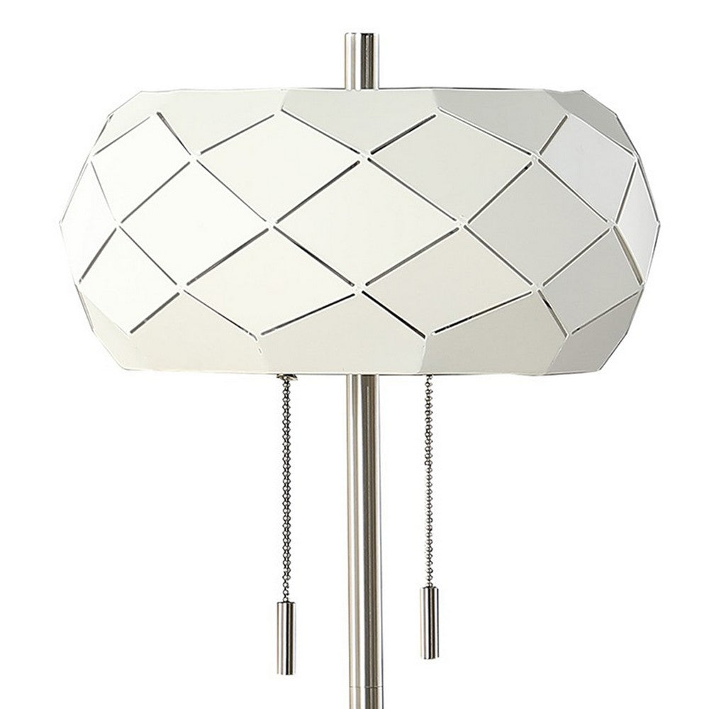 28 Inch Accent Table Lamp, Geometric Drum Shade, Metal Base, White, Silver - BM283263