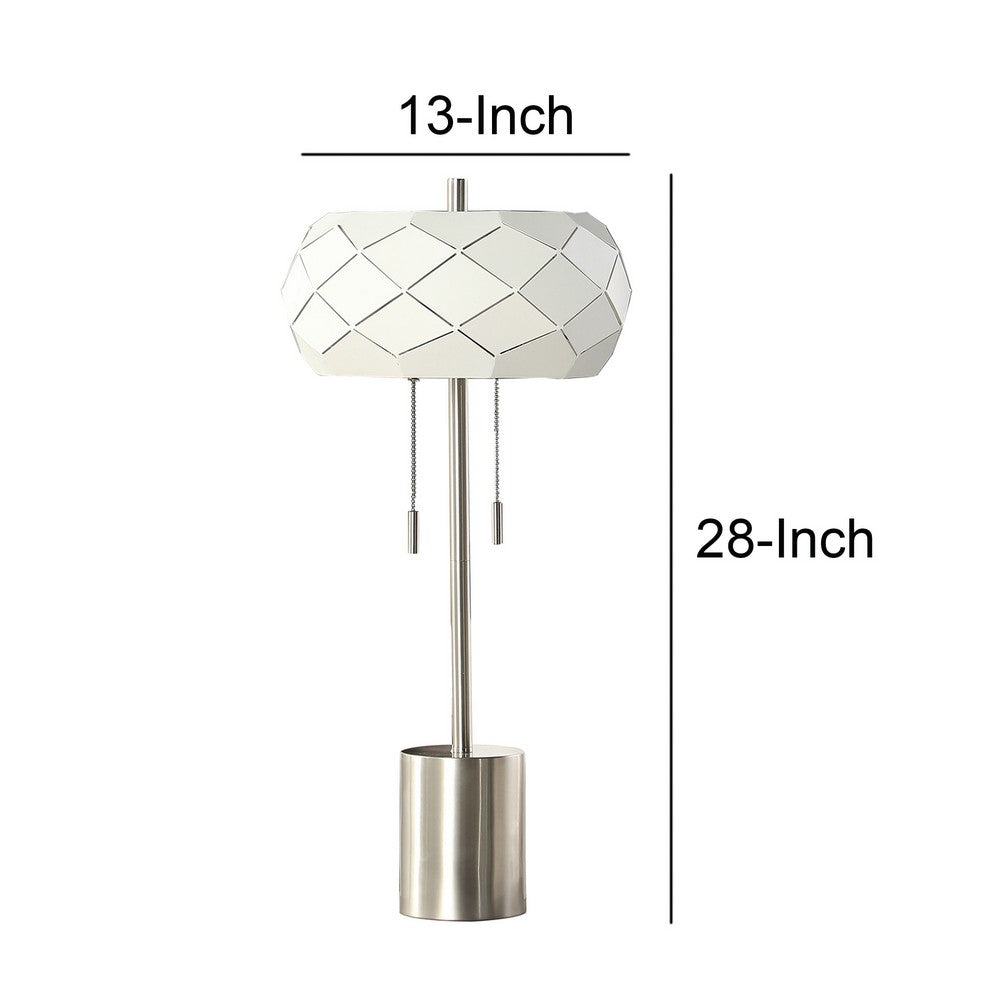 28 Inch Accent Table Lamp, Geometric Drum Shade, Metal Base, White, Silver - BM283263