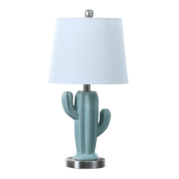 22 Inch Accent Table Lamp, Cactus Designed Body, Metal Base, Blue, White - BM283268