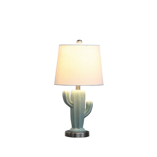 22 Inch Accent Table Lamp, Cactus Designed Body, Metal Base, Blue, White - BM283268