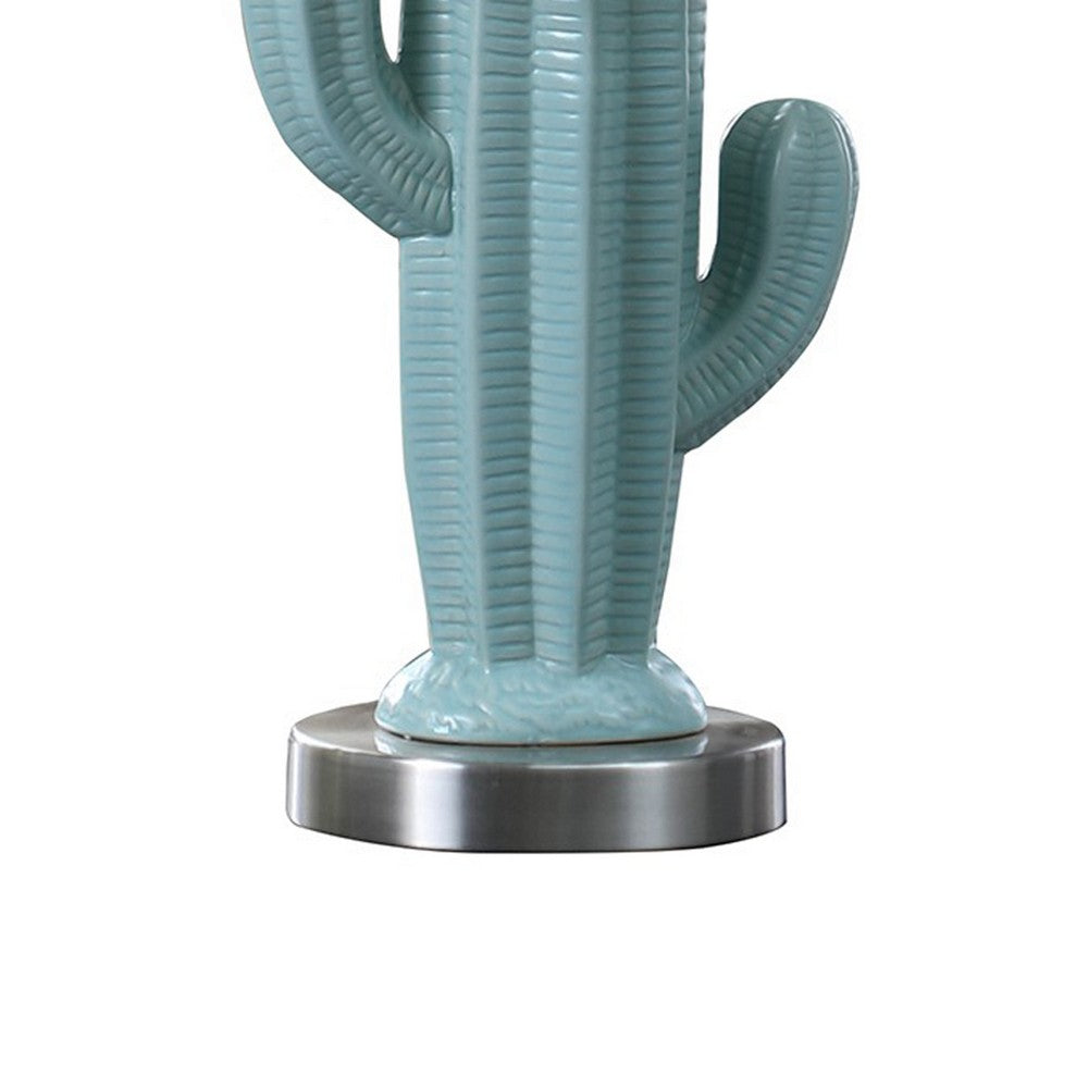 22 Inch Accent Table Lamp, Cactus Designed Body, Metal Base, Blue, White - BM283268