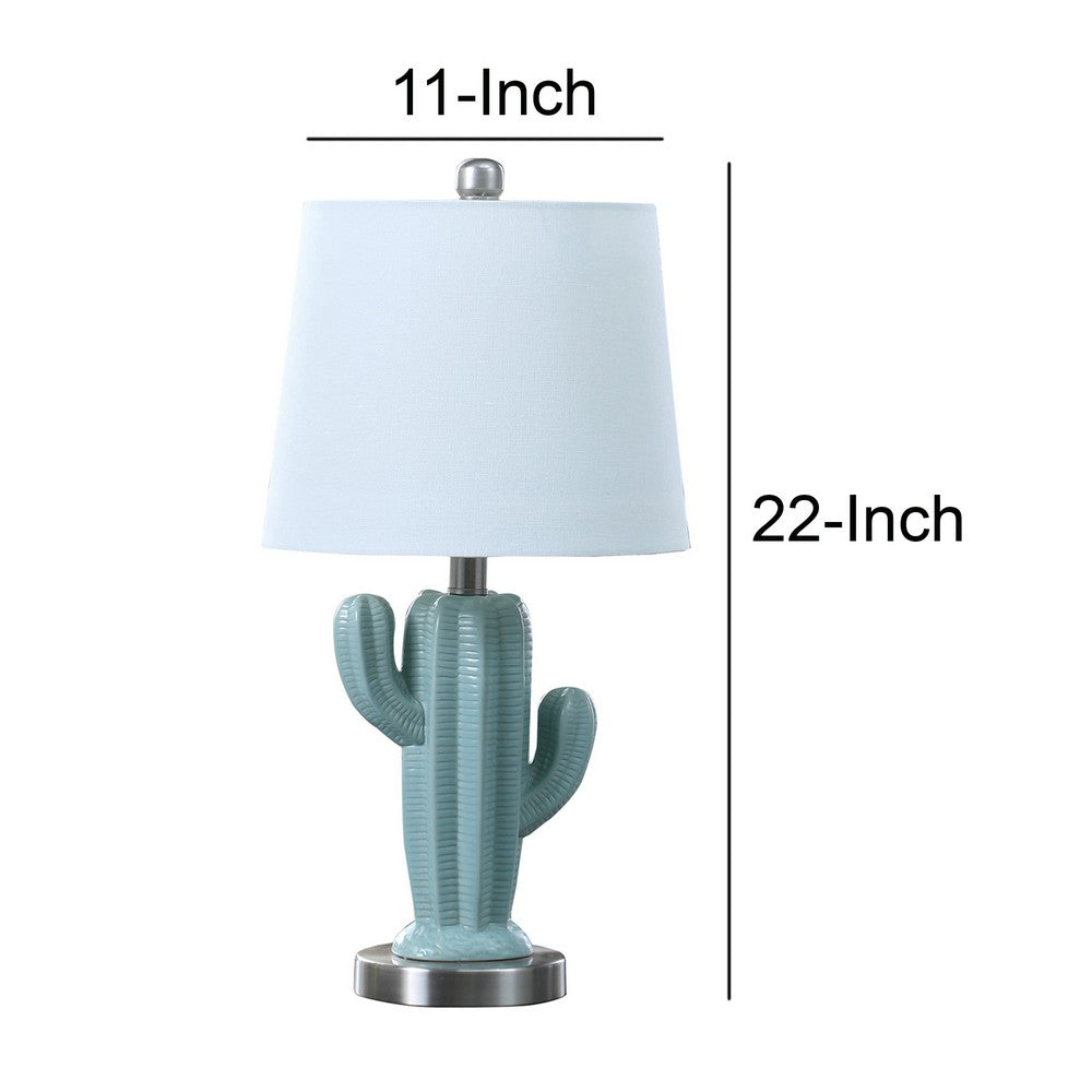 22 Inch Accent Table Lamp, Cactus Designed Body, Metal Base, Blue, White - BM283268