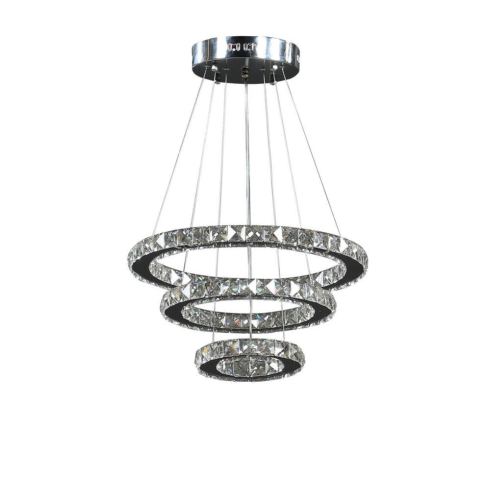 12- 47 Inch Ringed Adjustable Chandelier, 3 Circles Design, Chrome Silver - BM283277