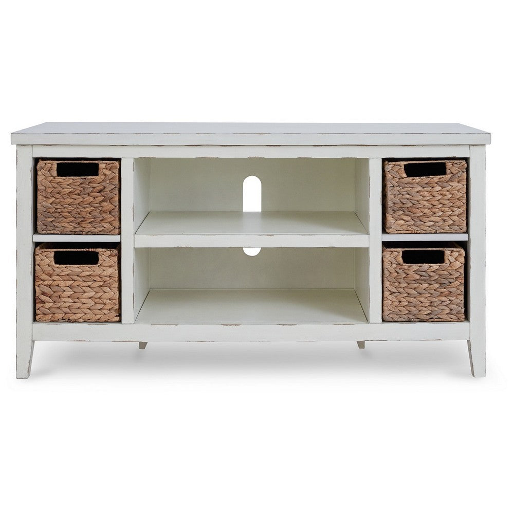 Anya 47 Inch Rustic TV Entertainment Console, Open Shelf, 4 Baskets, White - BM283301