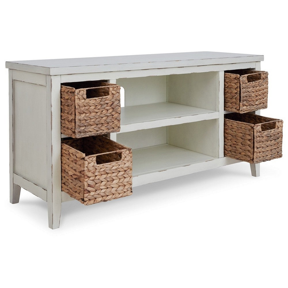 Anya 47 Inch Rustic TV Entertainment Console, Open Shelf, 4 Baskets, White - BM283301