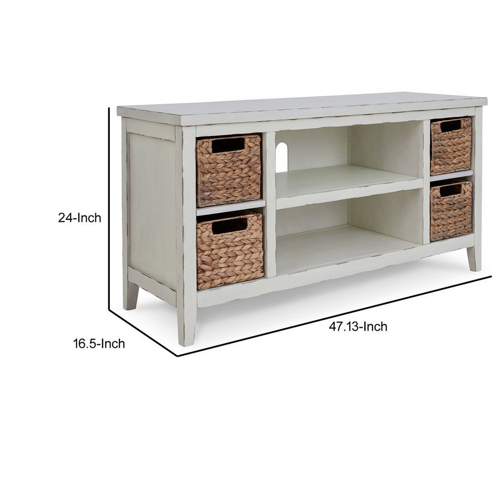 Anya 47 Inch Rustic TV Entertainment Console, Open Shelf, 4 Baskets, White - BM283301