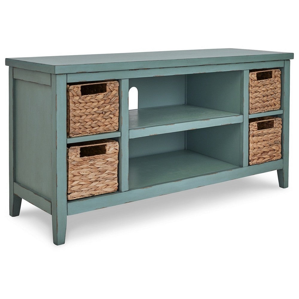 Anya 47 Inch Rustic TV Entertainment Console,  Open Shelf, 4 Baskets, Blue - BM283303