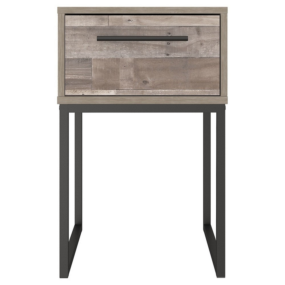 Grace 20 Inch Modern Nightstand, Metal Base, 1 Drawer, Whitewashed Wood - BM283324