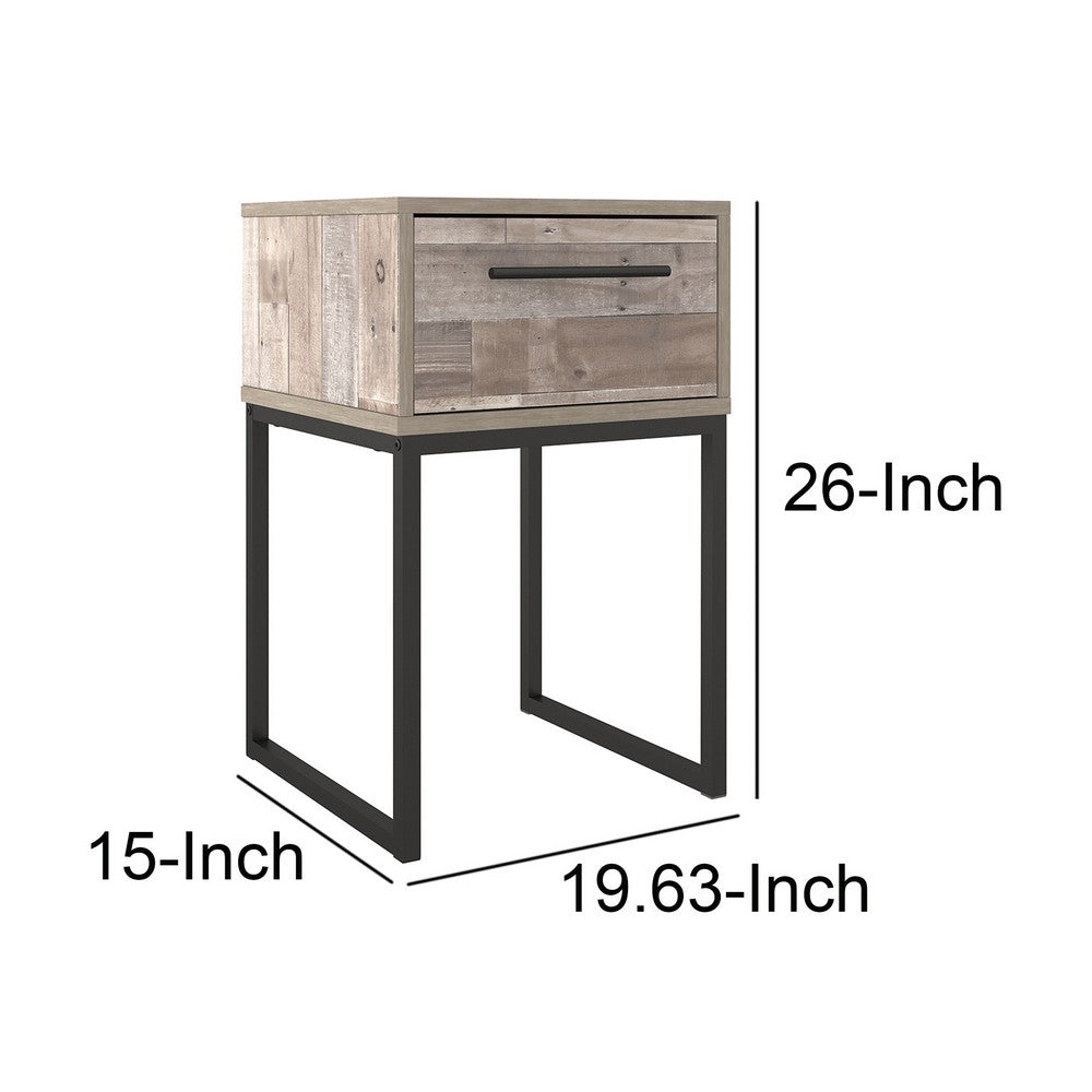 Grace 20 Inch Modern Nightstand, Metal Base, 1 Drawer, Whitewashed Wood - BM283324