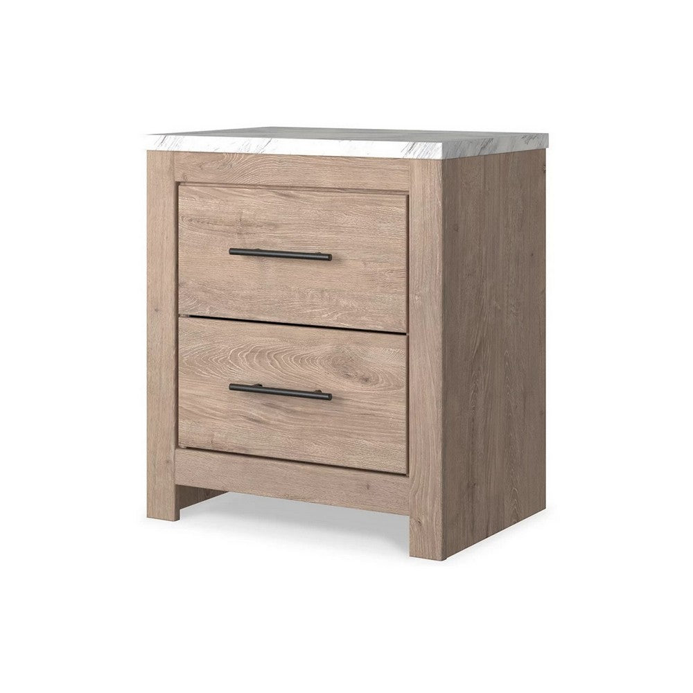 Ariel 25 Inch Rustic Wood Nightstand, 2 Drawers, White Marble Top, Brown - BM283333