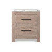 Ariel 25 Inch Rustic Wood Nightstand, 2 Drawers, White Faux Marble Top, Brown - BM283333