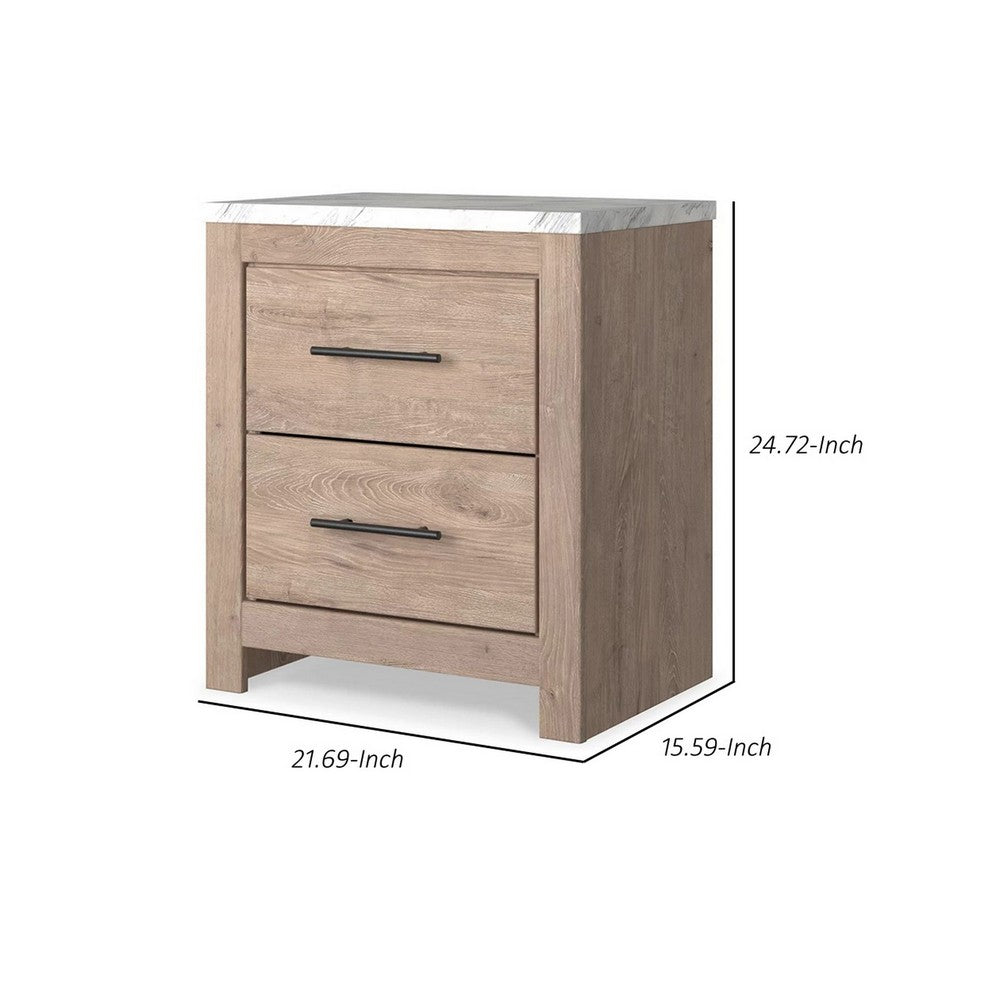 Ariel 25 Inch Rustic Wood Nightstand, 2 Drawers, White Faux Marble Top, Brown - BM283333