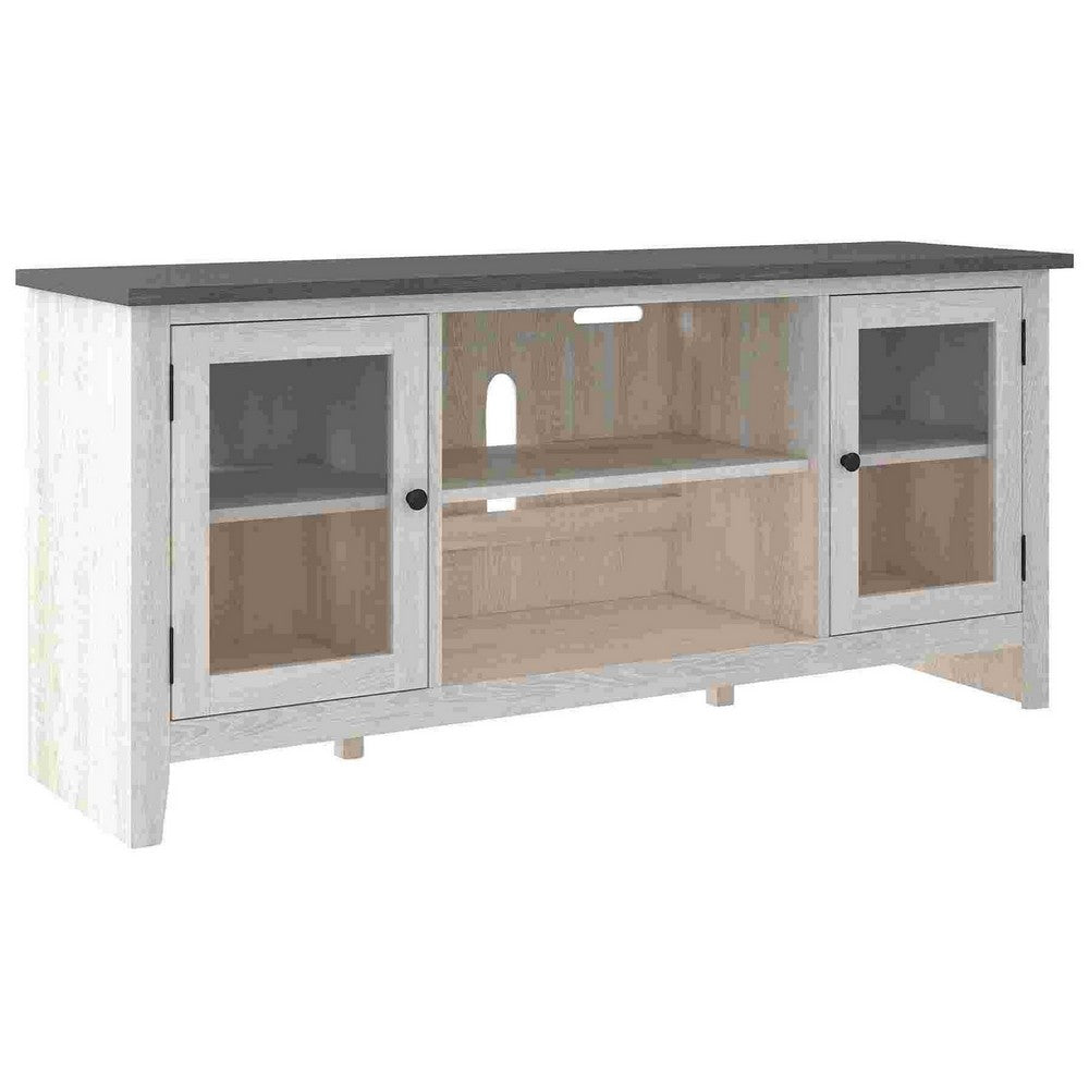 benzara 60 Inch TV Entertainment Console 2 Glass Doors Farmhouse White Gray - BM283377