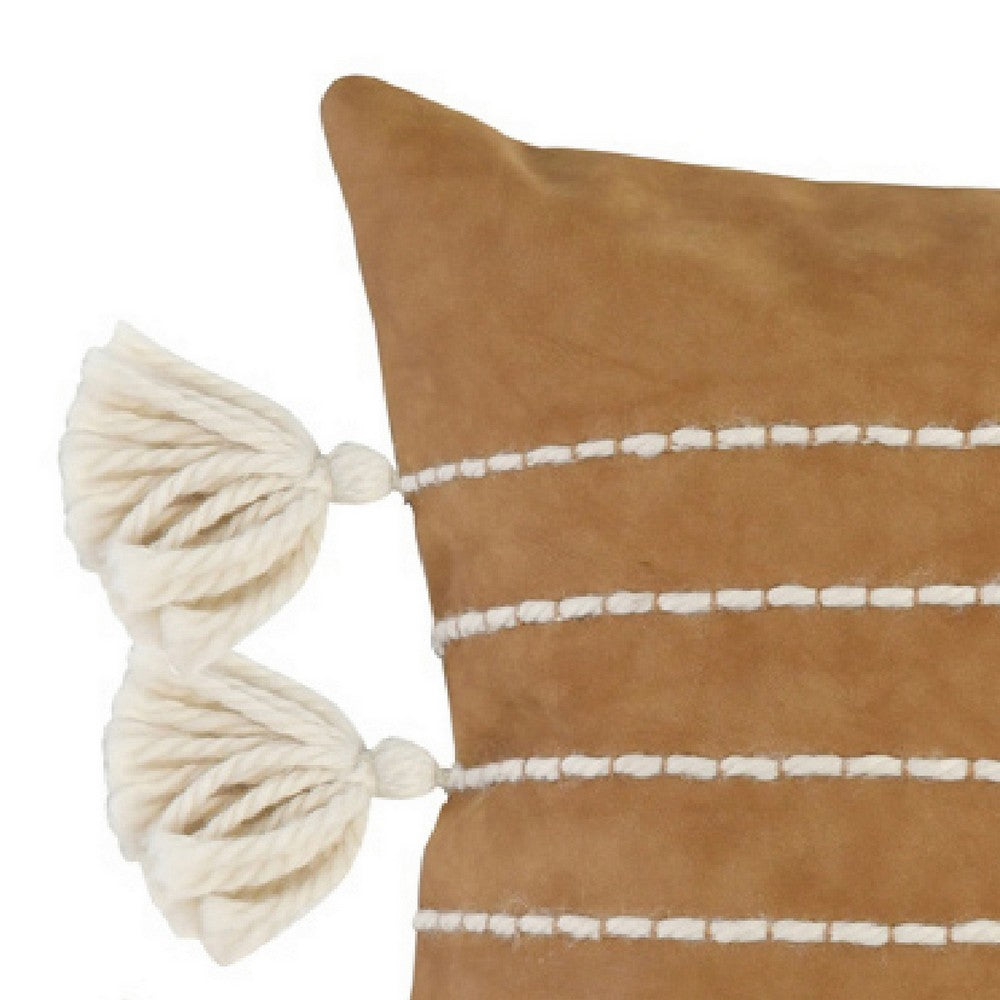 Karen 14 x 26 Lumbar Throw Pillow, Tassels, Light Brown with White Stripes - BM283711