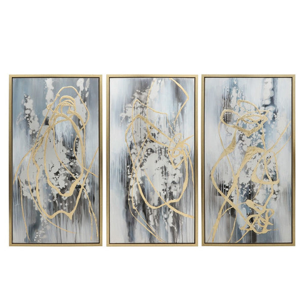 22 x 42 Canvas Wall Art, Abstract Luxury Paint Design, Set of 3, Gold, Gray - BM283743