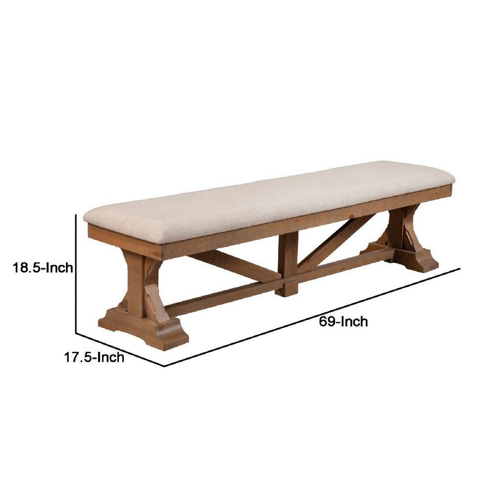 Tess 69 Inch Dining Accent Bench, Beige Fabric Cushion, Pine Wood, Brown - BM283851