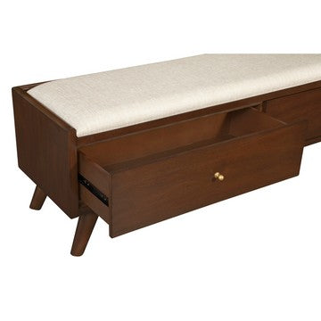 Ian 59 Inch 2 Drawer Accent Bench, Beige Seat, Mahogany Wood, Walnut Brown - BM283855