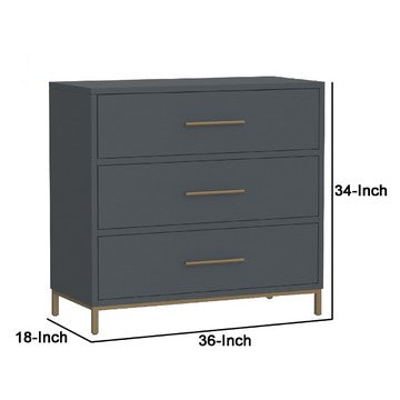 Max 36 Inch 3 Drawer Small Dresser Chest, Brass Metal Frame, Slate Gray - BM283860