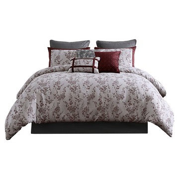 Sofia 10 Piece Polyester King Comforter Set, Orchid Flower Print, Red White - BM283870