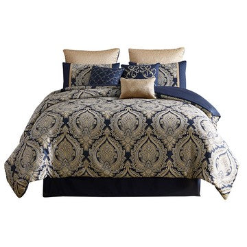 Nova 10 Piece Polyester King Comforter Set, Gold Damask Print, Navy Blue - BM283872