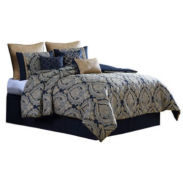 Nova 10 Piece Polyester King Comforter Set, Gold Damask Print, Navy Blue - BM283872