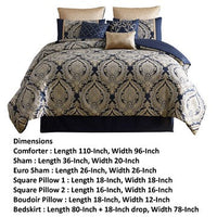 Nova 10 Piece Polyester King Comforter Set, Gold Damask Print, Navy Blue - BM283872