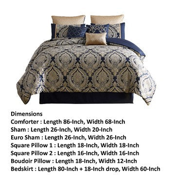 Nova 9 Piece Polyester Queen Comforter Set, Gold Damask Print, Navy Blue - BM283873