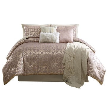 Eve 10 Piece Full Size Poly Velvet Comforter Set, Foil Pattern, Blush Pink - BM283876