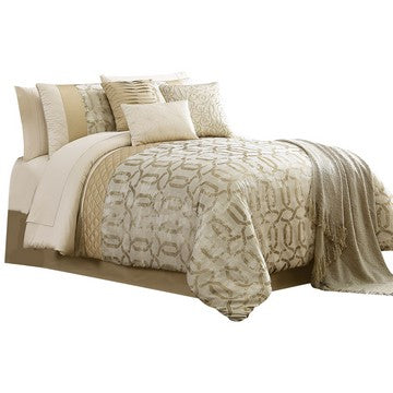 Elia 10 Piece King Polyester Comforter Set, Lattice Pattern, Cream, Gold - BM283881