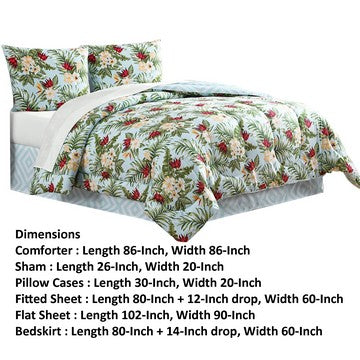 Elia 8 Piece Polyester Queen Comforter Set, Tropical Design, Green, White - BM283884