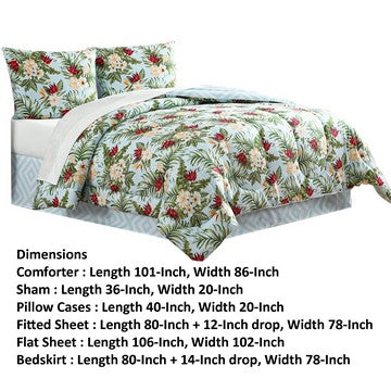 Elia 8 Piece Polyester King Comforter Set, Tropical Design, Green, White - BM283885