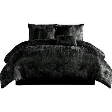 Jay 7 Piece Queen Comforter Set, Black Polyester Velvet Deluxe Texture - BM283905