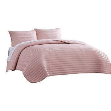 Cabe 3 Piece Queen Comforter Set, Polyester Puffer Channel Quilt, Rose Pink - BM283914