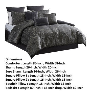 Pixie 9 Piece Polyester Queen Comforter Set, Damask Pattern, Charcoal Gray