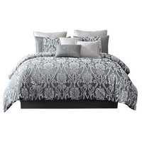 Emma 10 Piece Polyester King Comforter Set, Gray Silver Velvet Damask Print - BM283919