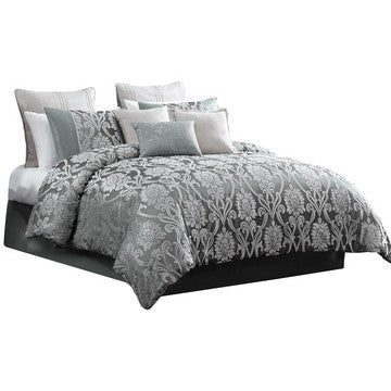 Emma 10 Piece Polyester King Comforter Set, Gray Silver Velvet Damask Print - BM283919