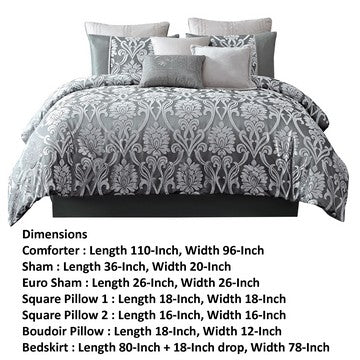 Emma 10 Piece Polyester King Comforter Set, Gray Silver Velvet Damask Print - BM283919