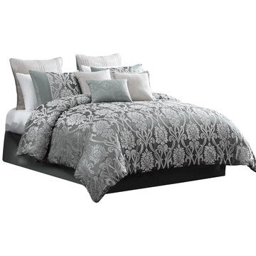 Emma 9 Piece Polyester Queen Comforter Set, Gray Silver Velvet Damask Print - BM283920