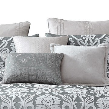 Emma 9 Piece Polyester Queen Comforter Set, Gray Silver Velvet Damask Print - BM283920