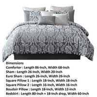 Emma 9 Piece Polyester Queen Comforter Set, Gray Silver Velvet Damask Print - BM283920