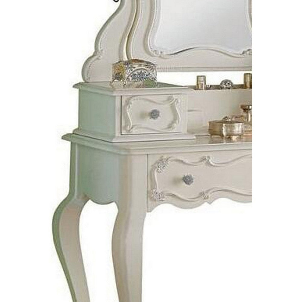 63 Inch Wood Classic Vanity Desk with Mirror, 3 Drawers, Carved, White - BM284042