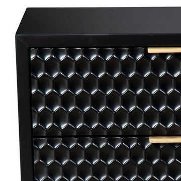 Rexi 26 Inch 2 Drawer Nightstand, Honeycomb, Mahogany Wood, Black, Gold - BM284258